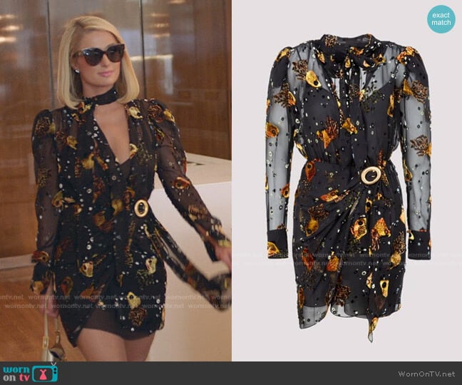 Goldfish Embroidered Sheer Mini Wrap Dress by Lanvin worn by Paris Hilton on Paris in Love