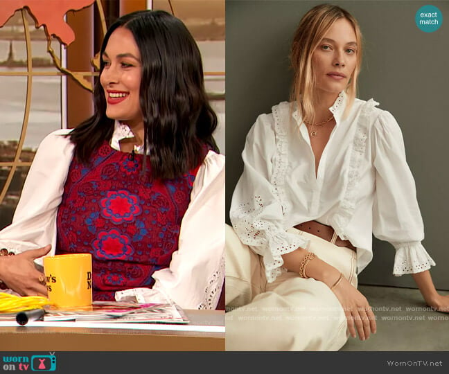 Maeve Ruffled Eyelet Blouse by Anthropologie worn by Brie Bella on The Drew Barrymore Show