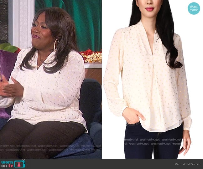 Foil-Print Pleated Blouse by MICHAEL Michael Kors worn by Sheryl Underwood on The Talk