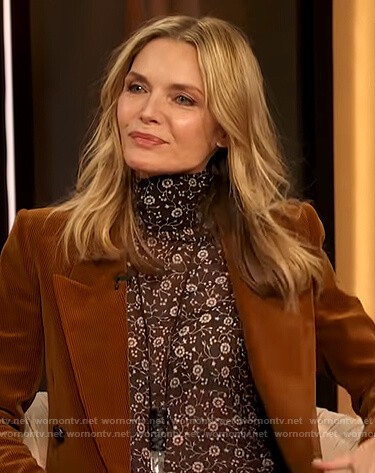 Michelle Pfeiffer’s brown floral blouse and blazer on The Drew Barrymore Show