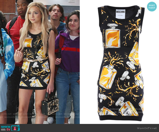 Perfume print silk dress by Moschino worn by Lexi (Josie Totah) on Saved By The Bell