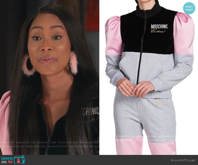 Zip-Up Logo Sweatshirt by Moschino worn by Lauren Rice (Pepi Sonuga) on Queens