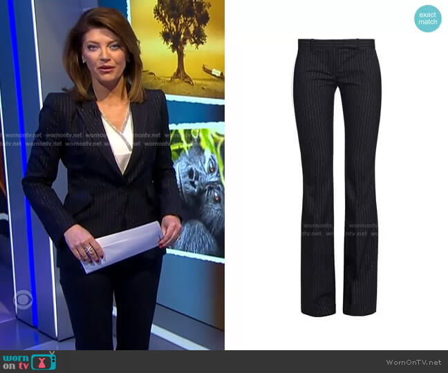 Narrow Bootcut Pinstripe Trousers by Alexander McQueen worn by Norah O'Donnell on CBS Evening News