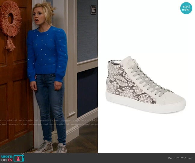 P448 Star Snakeskin Print High Top Sneaker in Silver Python worn by Gina Dabrowski (Annaleigh Ashford) on B Positive