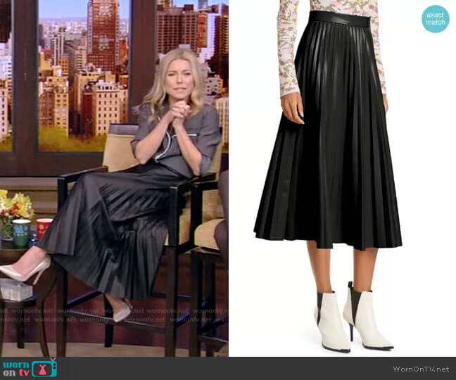 Pleated Faux Leather Midi Skirt by Maison Margiela worn by Kelly Ripa on Live with Kelly and Mark