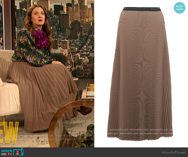 Checked Plisse-Crepe Midi Skirt by Prada worn by Drew Barrymore on The Drew Barrymore Show