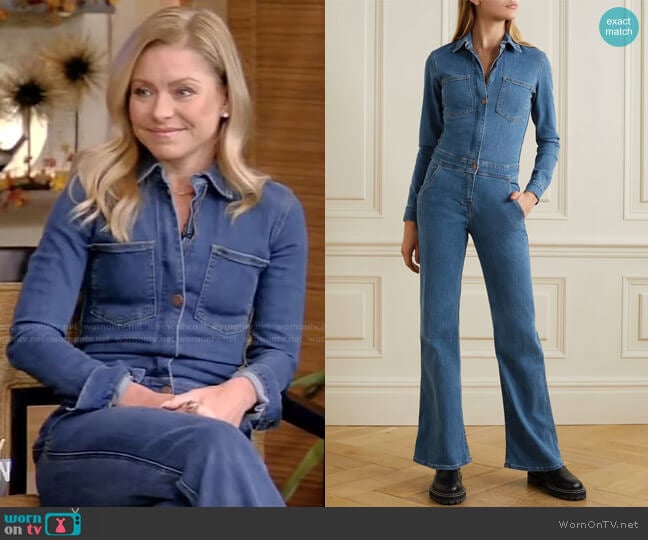 Rulebreaker Denim Jumpsuit by Rivet Utility worn by Kelly Ripa on Live with Kelly and Mark