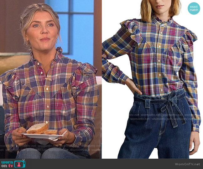 Ruffle-Trim Plaid Button-Down Shirt by Ralph Lauren worn by Amanda Kloots on The Talk