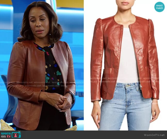 Rebecca Taylor Zip-Front Patch-Pocket Leather Jacket worn by Mia Jordan (Karen Pittman) on The Morning Show