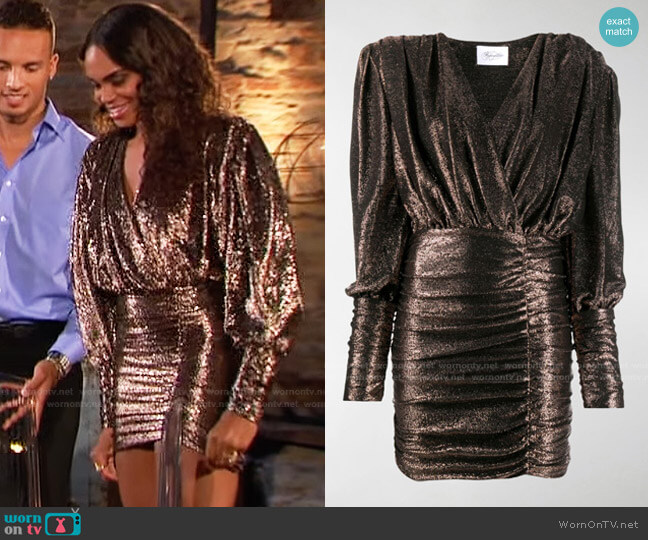 Wrap-Effect Ruched Lamé Mini Dress by Redemption  worn by Michelle Young on The Bachelorette