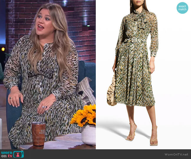 Animal-Print Chiffon Belted Shirtdress by Rickie Freeman for Teri Jon worn by Kelly Clarkson on The Kelly Clarkson Show