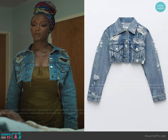 Ripped Denim Jacket by Zara worn by Angela Vaughn (Yaya DaCosta) on Our Kind of People