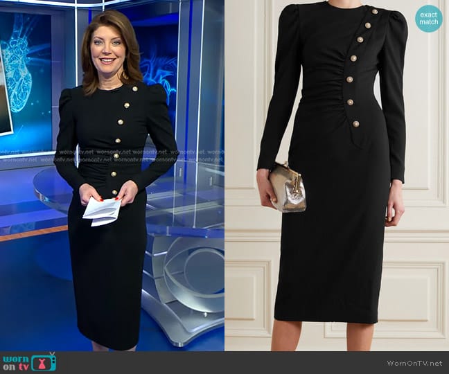 Ruched Embellished Wool-Blend Crepe Midi Dress by Alessandra Rich worn by Norah O'Donnell on CBS Evening News