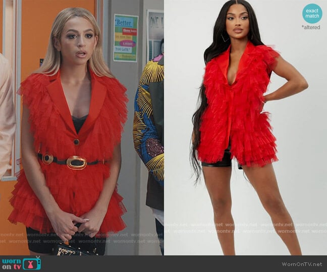 Satin Ruffled Tulle Notched Lapel Longline Vest Blazer by Shein worn by Lexi (Josie Totah) on Saved By The Bell