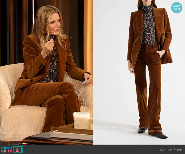 Double Breasted Corduroy Blazer and Pants by Saint Laurent worn by Michelle Pfeiffer on The Drew Barrymore Show