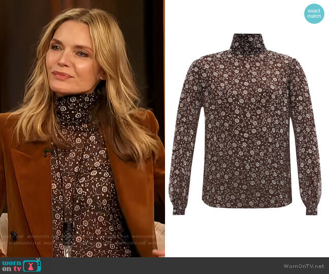 High-neck floral-print silk-georgette blouse by Saint Laurent worn by Michelle Pfeiffer on The Drew Barrymore Show