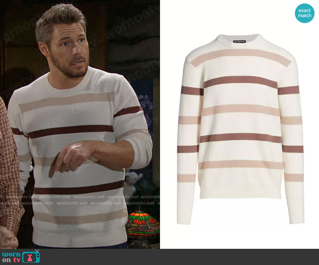 Saks Fifth Avenue Slim-Fit Striped Cotton-Wool Blend Crewneck Sweater worn by Liam Spencer (Scott Clifton) on The Bold and the Beautiful