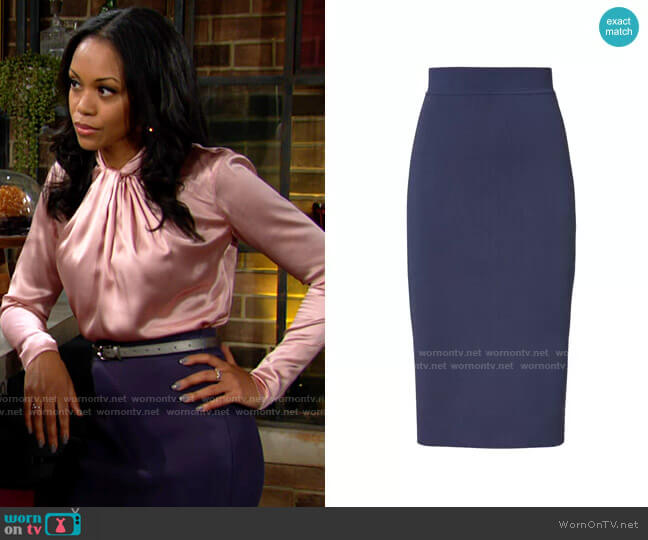 Scanlan Theodore Crepe Knit Slit Back Skirt in Slate worn by Amanda Sinclair (Mishael Morgan) on The Young and the Restless