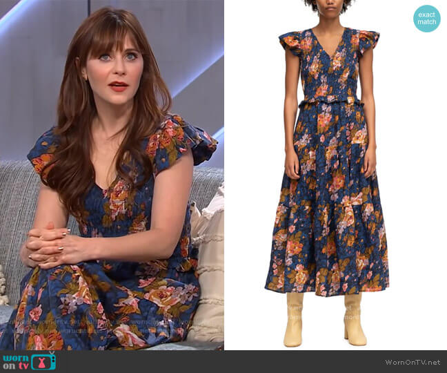 WornOnTV: Zooey Deschanel’s Blue Floral Ruffle Dress On On The Kelly ...