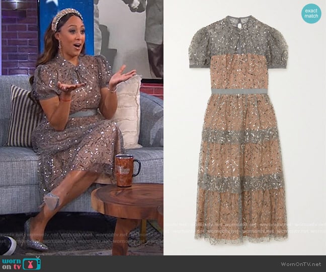 Embellished tiered tulle midi dress by Self Portrait worn by Tamera Mowry on The Kelly Clarkson Show