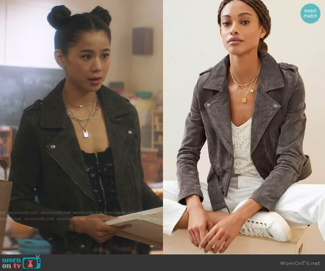 Suede Moto Jacket by Blank NYC worn by George Fan (Leah Lewis) on Nancy Drew