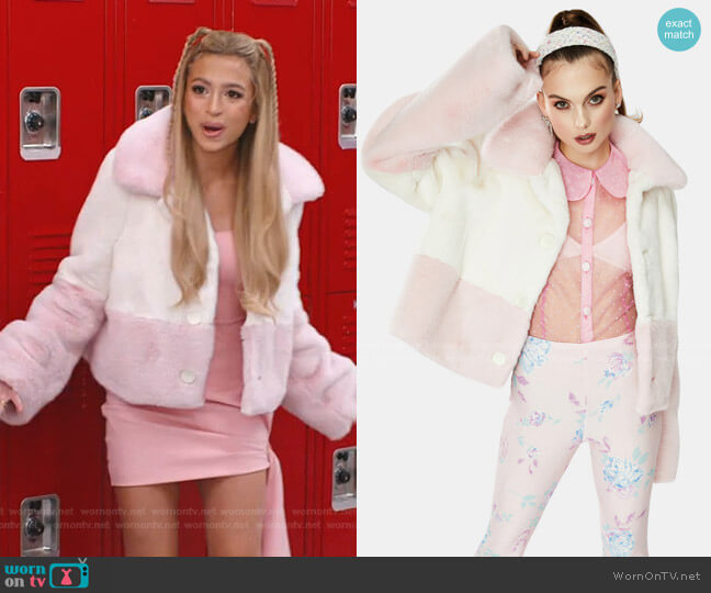 Lexi’s pink colorblock fur jacket on Saved By The Bell