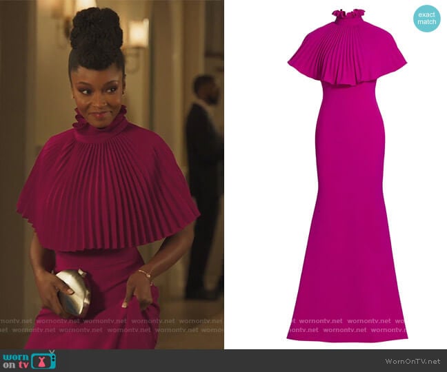 Gabriella Pleated Cape Gown Dress by Theia worn by Angela Vaughn (Yaya DaCosta) on Our Kind of People