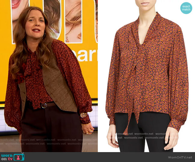 Printed Tie Neck Silk Top by Theory worn by Drew Barrymore  on The Drew Barrymore Show