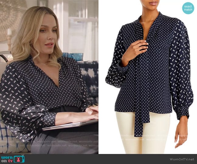 Theory Printed Tie Neck Top in Navy by Theory worn by Laura Baker (Monet Mazur) on All American