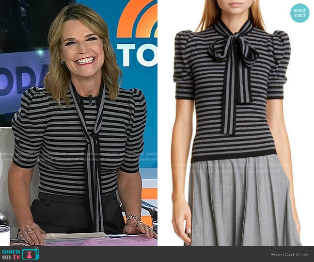 WornOnTV: Savannah’s grey striped tie neck top on Today | Savannah ...