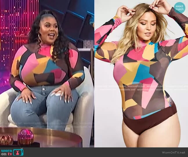 Trendy Plus Size Mock-Neck Mesh Bodysuit by Nina Parker worn by Nina Parker on E! News