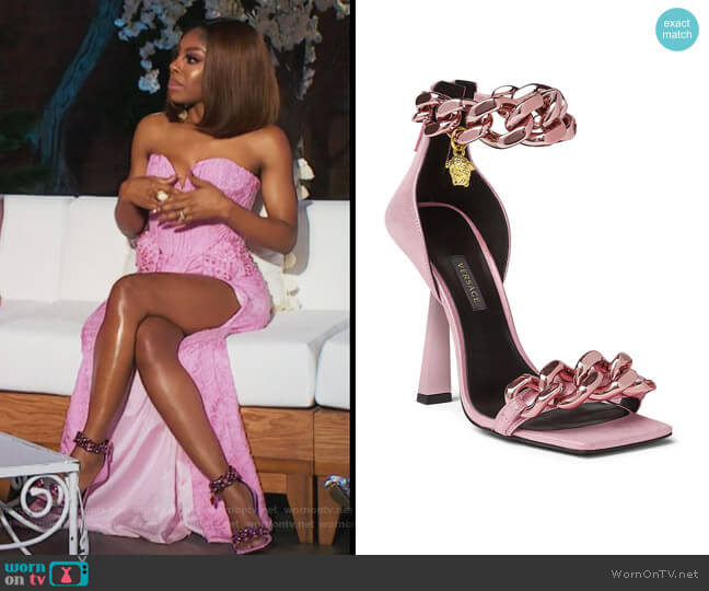 Medusa Chain Metallic Leather Sandals by Versace worn by Candiace Dillard Bassett on The Real Housewives of Potomac