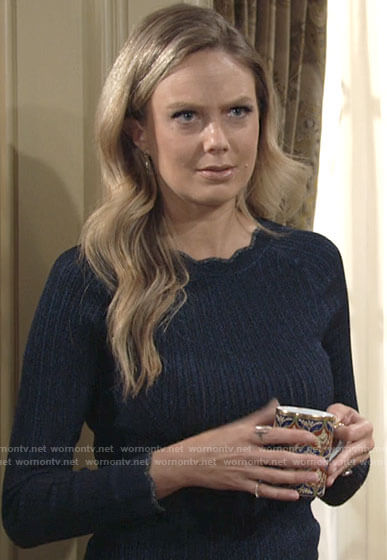 Abby’s metallic blue scalloped trim sweater on The Young and the Restless