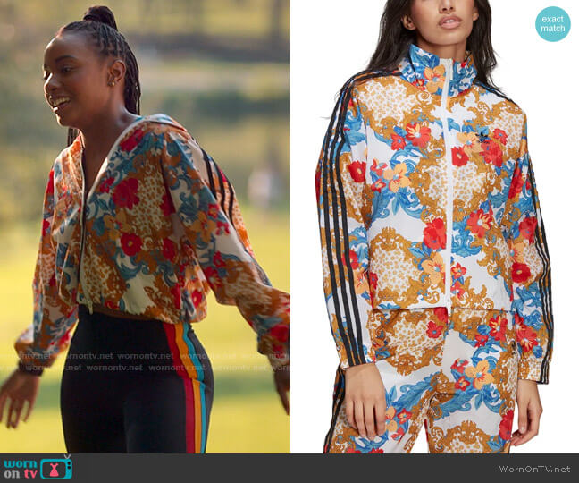 Adidas x HER Studio Floral Print Track Jacket worn by Whitney Chase (Alyah Chanelle Scott) on The Sex Lives of College Girls