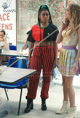 Aisha’s colorblock cropped tee and red striped pants on Saved By The Bell