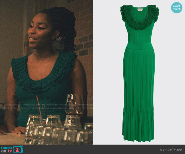 Mia’s green ruffled scoop neck dress on Love Life