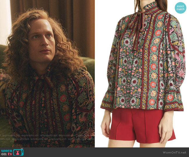 Reilly Floral Ruffle Tie Neck Top by Alice + Olivia worn by Todd Almond  on Gossip Girl