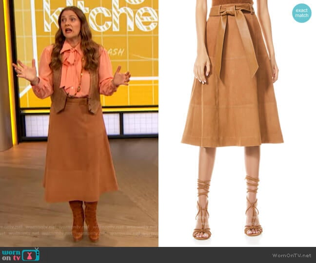 Martine Belted Suede Midi Skirt by Alice + Olivia worn by Drew Barrymore on The Drew Barrymore Show