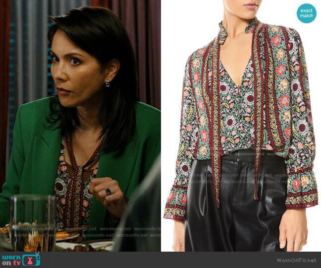 Alice + Olivia Reilly Floral Ruffle Tie Neck Top worn by Bree Wheeler (Lexa Doig) on Chucky