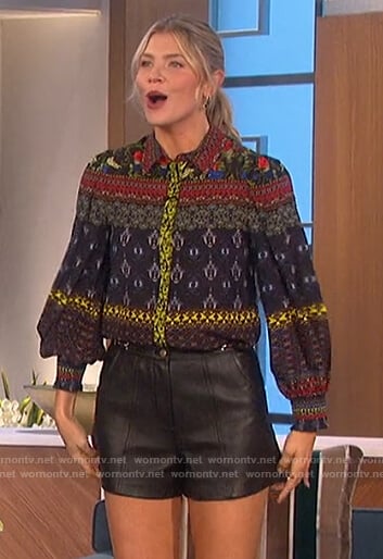 Amanda’s mixed print blouse and leather shorts on The Talk