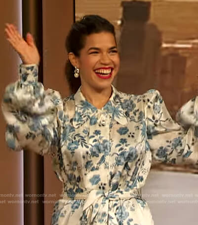 America Ferrera’s blue floral satin blouse and pants on The Drew Barrymore Show