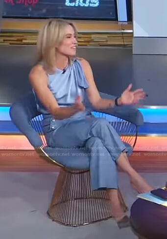 Amy’s blue bow shoulder top and check pants on Good Morning America