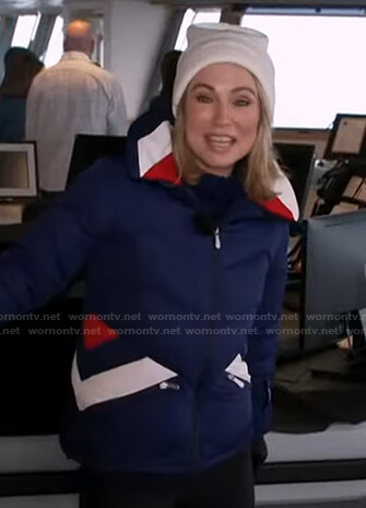 Amy's navy puffer jacket and white beanie on Good Morning America