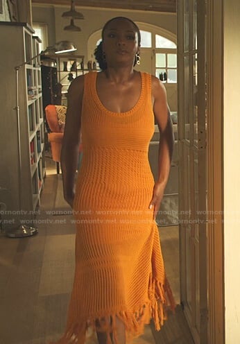 Angela's orange crochet fringe hem dress on Our Kind of People