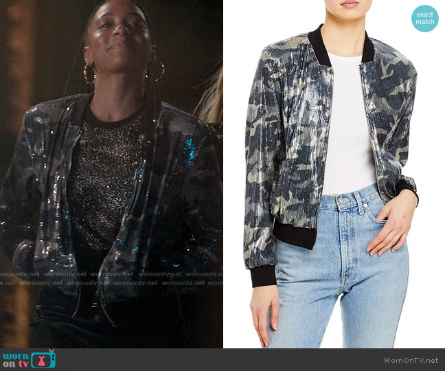 Aqua Sequin Camo Bomber Jacket worn by Whitney Chase (Alyah Chanelle Scott) on The Sex Lives of College Girls