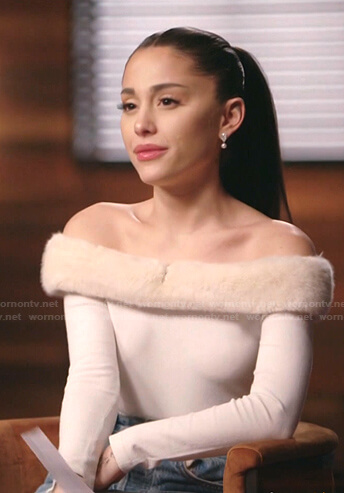 Ariana's white off-shoulder top with fur on The Voice