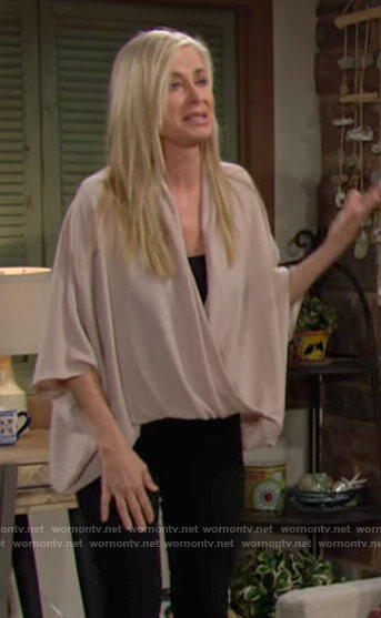 Ashley’s beige draped cross front blouse on The Young and the Restless