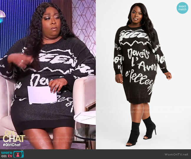 Graffiti Queen Sweater Dress by Ashley Stewart worn by Loni Love on The Real