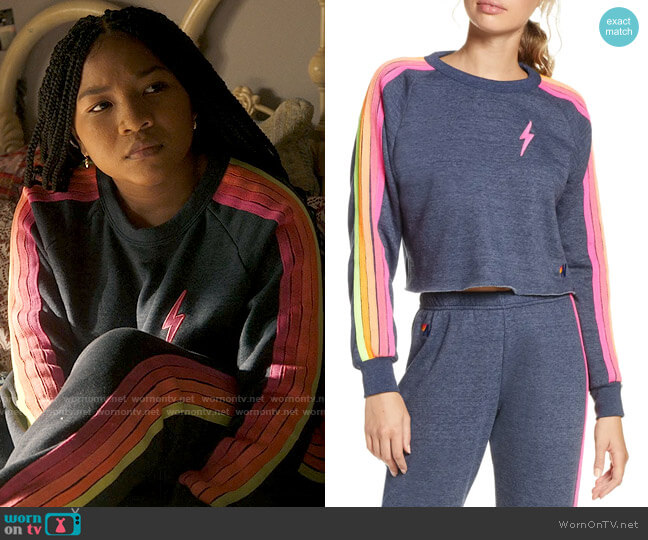 Aviator Nation Bolt Crop Sweatshirt in Heather Navy Neon worn by Delilah (Laya DeLeon Hayes) on The Equalizer