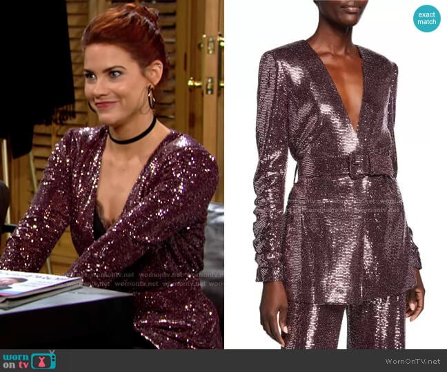 Badgley Mischka Sequin Crush-Sleeve Belted Jacket worn by Sally Spectra (Courtney Hope) on The Young and the Restless